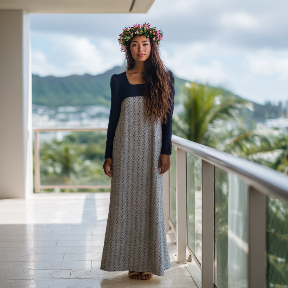 Fashions Myra HAWAII【ハイビスカス】【ムームー】ワンピース Hibiscus Whisper Hawaiian Muumuu – Black & Gray Eyelet Lace
